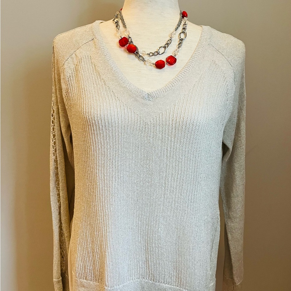 LUCKY BRAND Knit Metallic V-Neck Sweater Raglan Sleeves Lined Ivory Small Petite